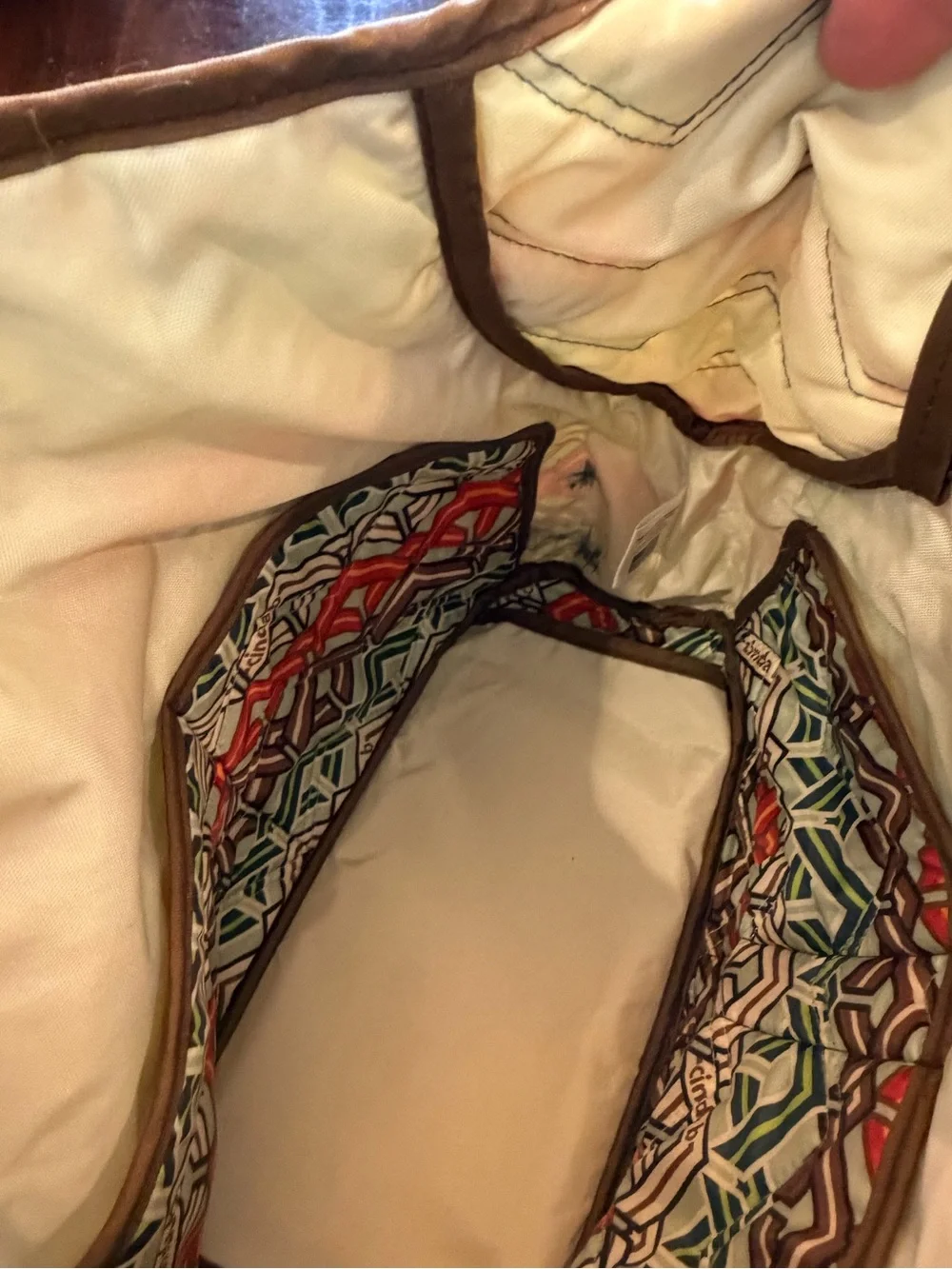 by B. Cream Quilted Shoulder Bag with Patterned Trim